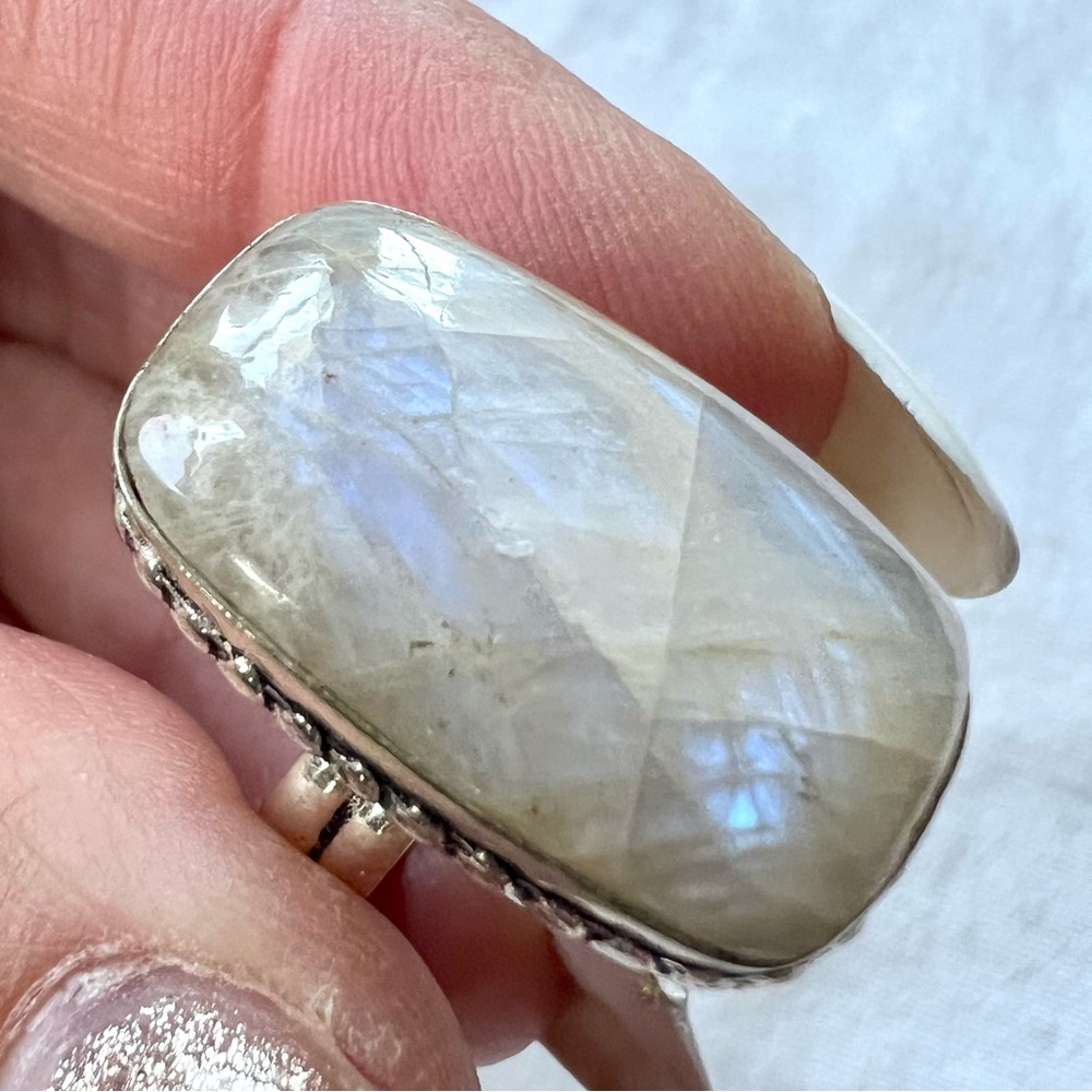 925 *flaw* Blue Flash PEACH MOONSTONE Ring 7.5 - Picture 6 of 12